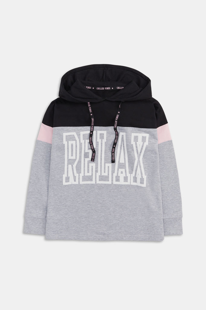 Long sleeve grey hoodie for girls with printed relax slogan